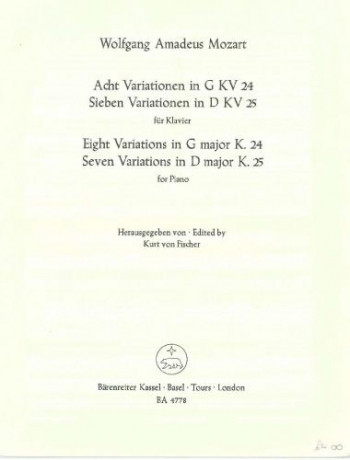 8 Variations In G Major K24 and 7 Variations In D Major K25: Piano (Barenreiter)
