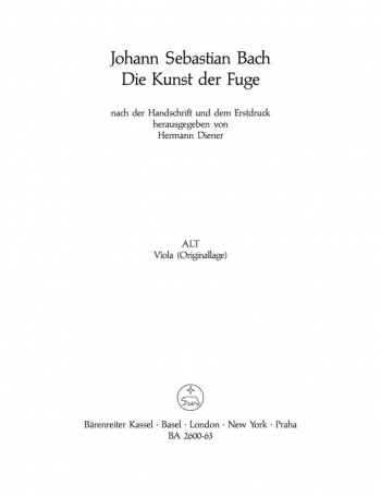 Art Of Fugue BWV 1080 Viola Park (Alto) (Version For Viola Quartet) (Barenreiter)