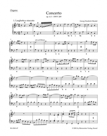 Concerto for Organ, Op.4/ 1 in G minor (HWV 289) (Urtext). : Organ: (Barenreiter)