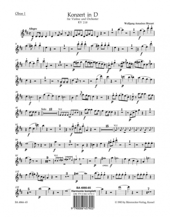 Concerto for Violin No.4 in D (K.218) (Urtext). : Wind set: (Barenreiter)