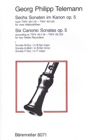 Sonatas In Canon (6), Op.5  Treble Recorder (Barenreiter)