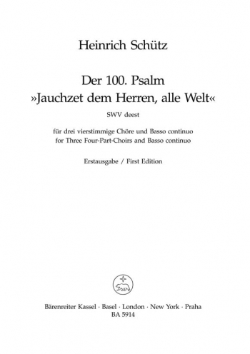 Psalm 100: Jauchzet Dem Herren, Alle Welt (SWV Deest.) (Urtext). Choral Score, (Barenreite