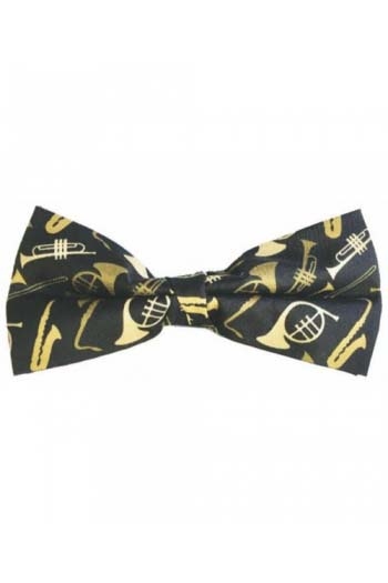 Black Pure Silk Bow Tie With Gold Brass Instruments